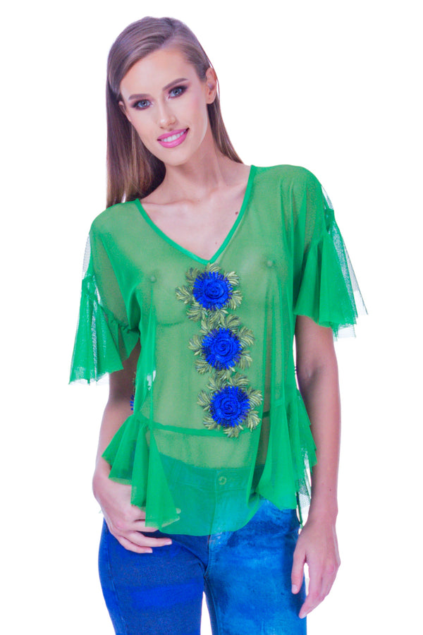 Bluza tul verde cu broderie I-62